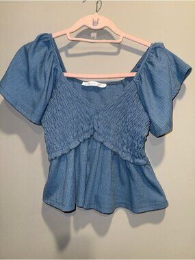 Altar'd State Light Blue Smocked Peplum Crop Top